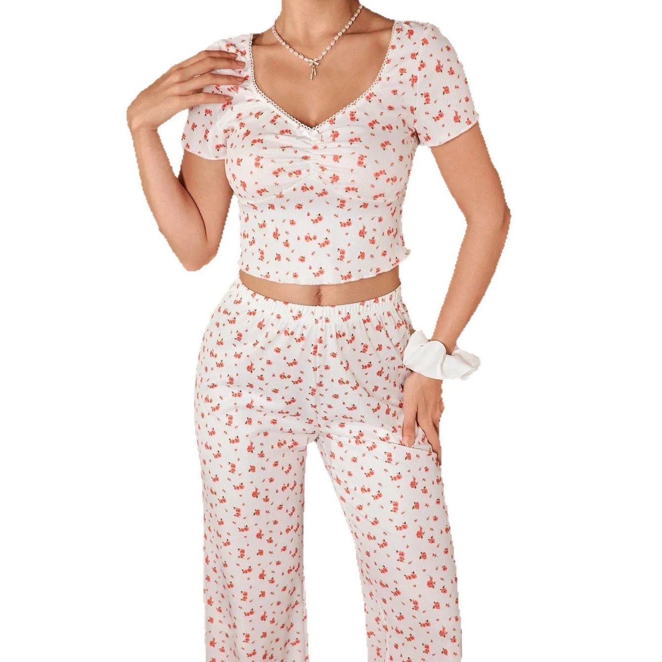 Summer Women Pajama Wide Leg Pants Breathable Loungewear Set Crop Top Floral Print Sleepwear Set Pastel Blue V Neck Pajamas view 2