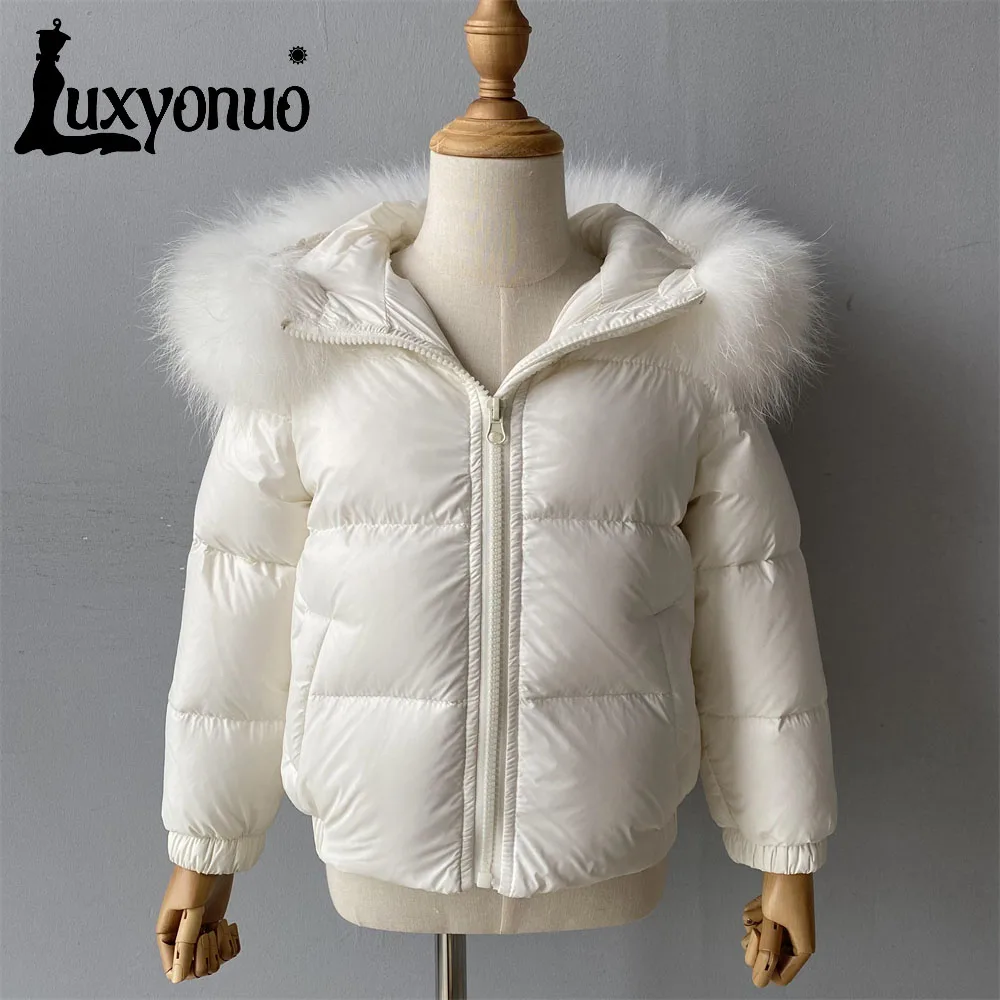 Luxyonuo Girl Child Down Jacket Winter Warm White Duck Down Coat With Real Raccoon Fur Collar Boy Baby Solid Color Hooded Jacket