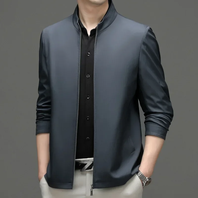 

Spring and Autumn Men's Standing Neck Jacket Simple Business Casual Twill Coat Middle Age Top