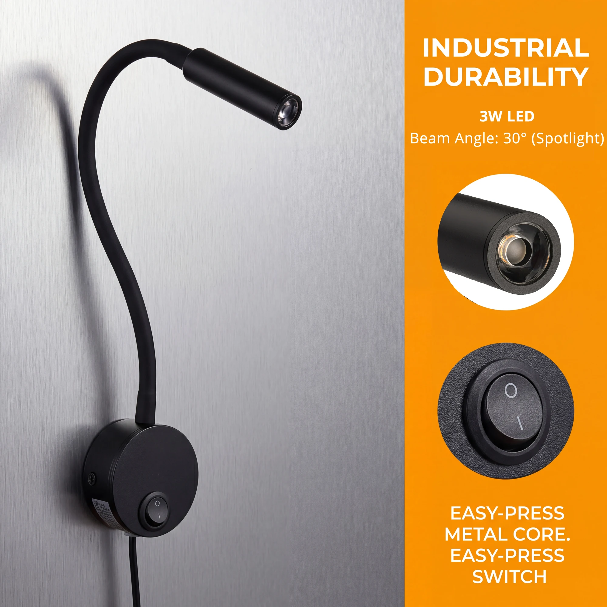 2-Pack Wall Task Light 30° Spotlight Metal Gooseneck Silicone Tube 5.9ft Cord Matte Black For Sewing Workbench Bedside Reading