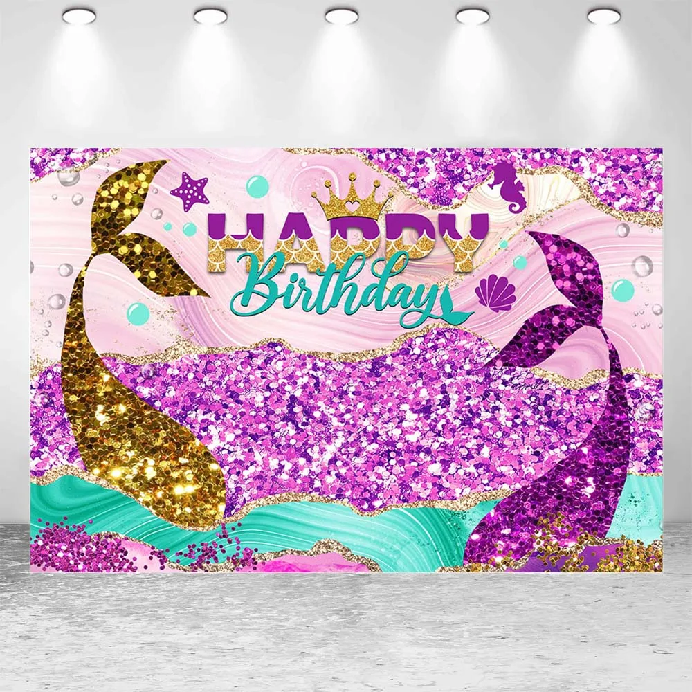 Mocsicka Mermaid Birthday Background Glitter Purple and Gold Mermaid Tail Girl Birthday Party Backdrop Decor Banner Studio Props