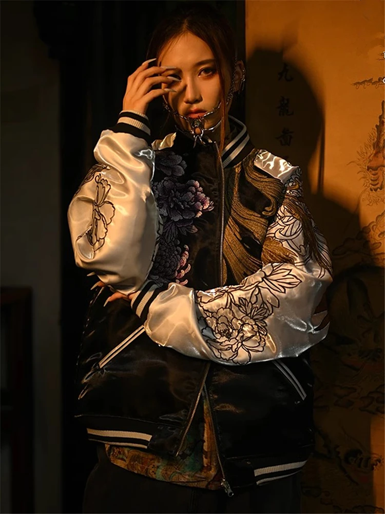 2024 Dragon Peony Chrysanthemum Phoenix Suzaku Embroidered Original Yokosuka Sukajan Souvenir Jackets High Street Men Boys Loose