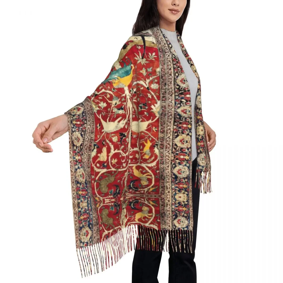 Female Long Bohemian Silk Antique Persian Rug Scarves Women Winter Thick Warm Tassel Shawl Wraps Turkish Ethnic Kilim Scarf