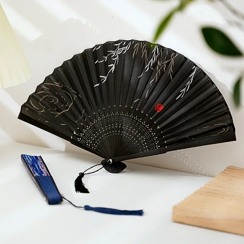 Chinese Style Folding Hand Fan High Quality Large 33cm Japanese Vintage 13 inch Fold Fan Traditional Crane with Ribbon for Hanfu