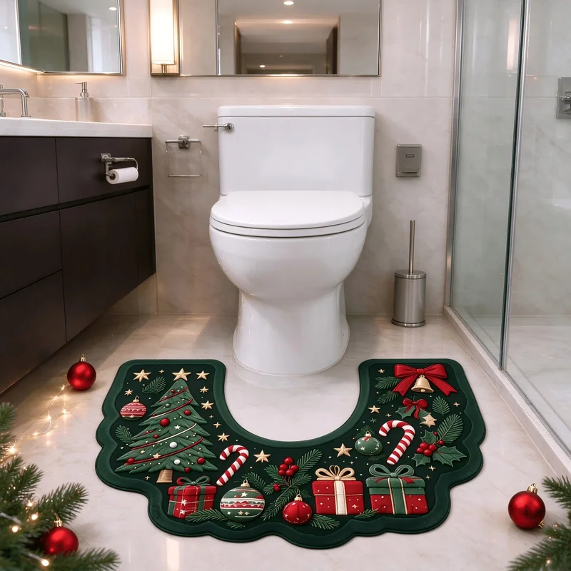 VIKAMA Santa Snowman Gingerbread U Shaped Toilet Mat, Soft Plush Flannel Bath Rug, Non Slip Absorbent Washable Bathroom Mat