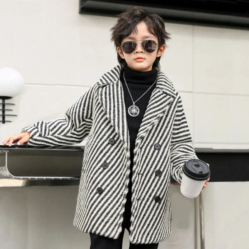 

Boys Winter & Fall Chesterfield Coat Kids Black and White Striped Jacket Toddler Child Velvet Houndstooth Thick Woolen Overcoat