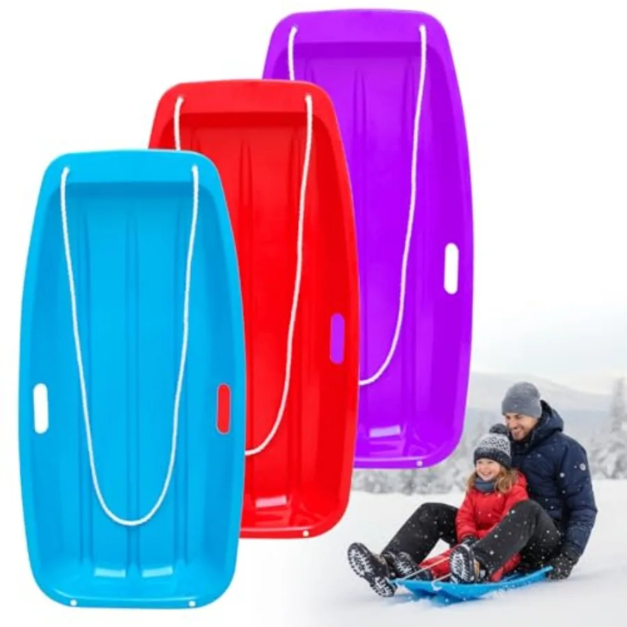 

3PCS Snow Sled for and Adult Plastic Toboggan Winter Sledding with Pull Rope and Handles 35in Sleds for Outdoor Skiing Red