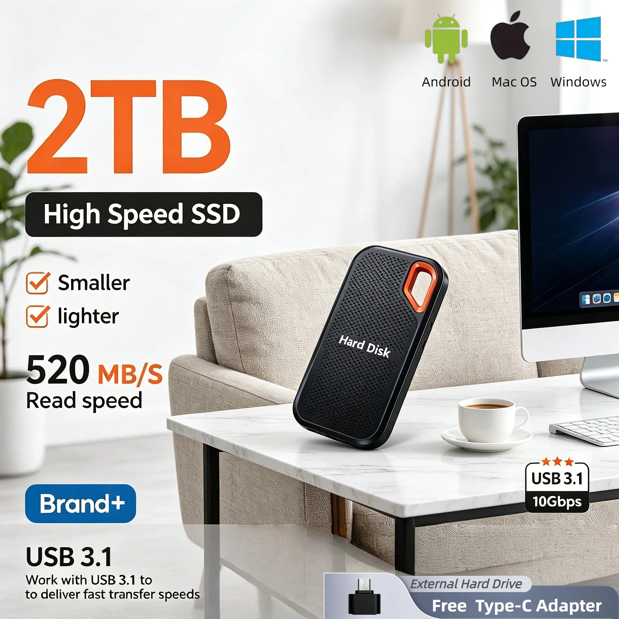 

Original E61 2TB USB 3.1 Portable External SSD Hard Disk High Speed Mobile Storage For Laptop PS5 PC Console Large Capacity Max