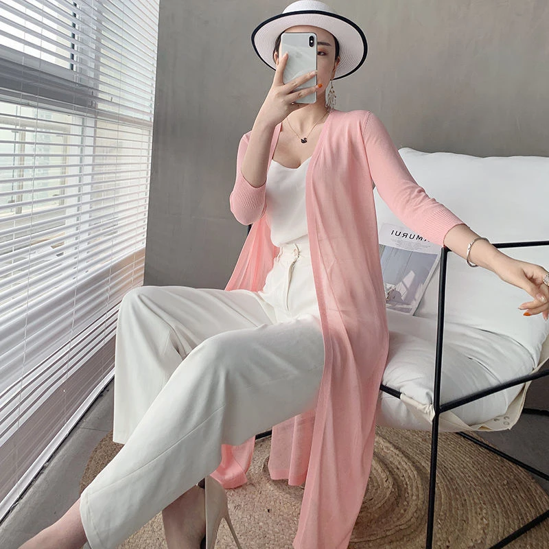 Knit 80kg Korean Long Sunscreen Cardigan Summer Casual Ice Silk Sweaters Female Mujer Long Sleeve Tops Women Fashion Coat New