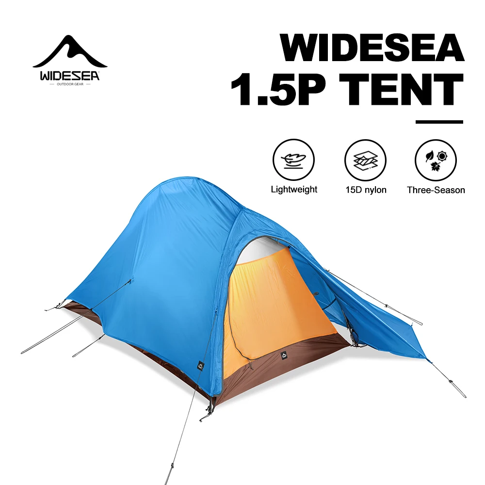 خيمة WIDESEA للتخييم في الهواء الطلق بطول 1.5 شخص بطبقة مزدوجة على شكل عمود السمك 15D نايلون مطلي بالسيليكون خفيفة الوزن للمشي والتخييم باللون الأزرق