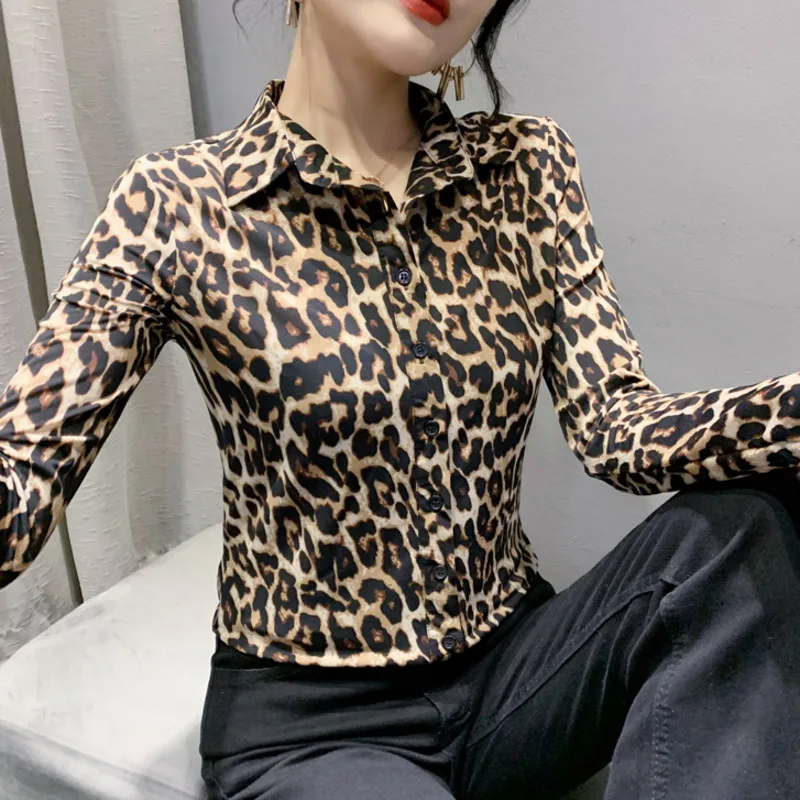 #8017 Leopard Shirt Women Long Sleeve Turn-down Collar Vintage Korean Style Buttons Slim Womens Blouses And Tops Spring Autumn