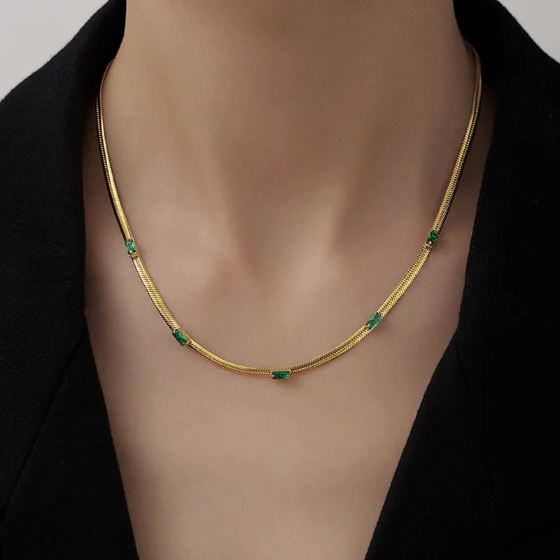 Ramos Gold Plated Shiny Square Cubic Zirconia Herringbone Chain Choker Necklace Green Clear Zircon Stone Short Chain Necklace