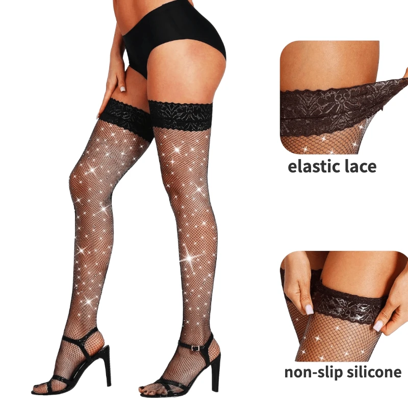 Newest Non Slip Silicone Sparkly Rhinestone Stockings for Women Fishnet Thigh High Socks Girls Lace Top Hosiery Stay Up Stocking