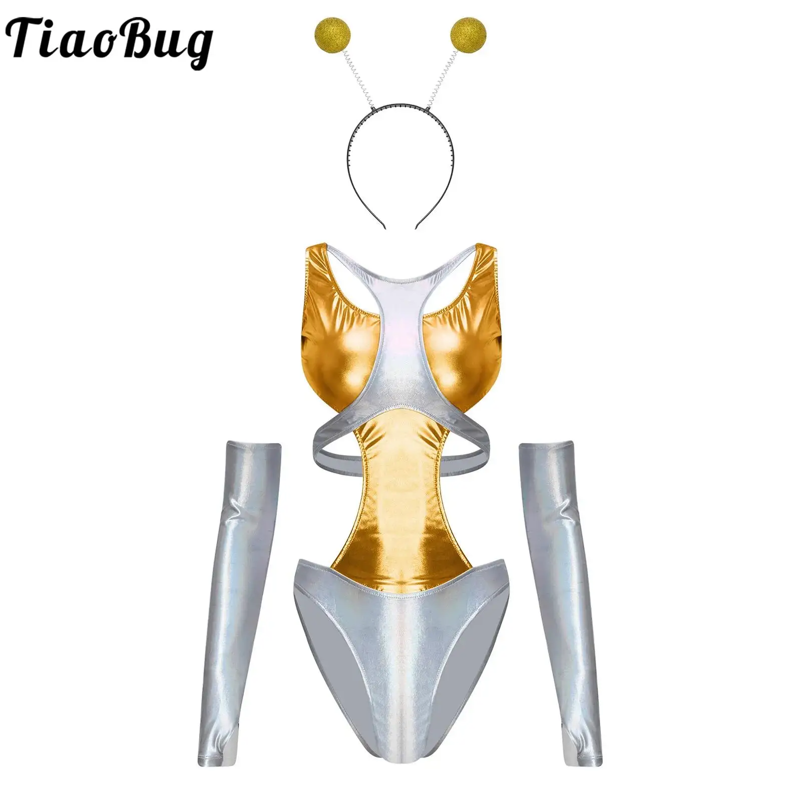 

Women Halloween Alien Cosplay Costume Metallic Sexy Hollow Out Bodysuit and Sleeves Headwear Suit for Outer Space Themed Party