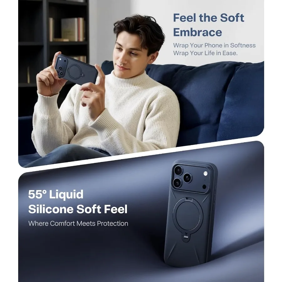 Custodia protettiva blu intenso per iPhone 17 Pro Max con compatibilità MagSafe Supporto per anello di rotazione a 360° Supporto morbido silicone liquido accogliente