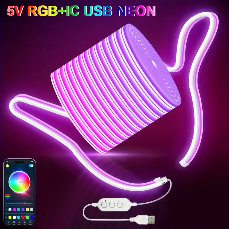 1M 2M 3M 5M 5V Rgbic Neon Led Light Strip With Music Sync Wireless App Control Usb Powered Flexible Ambient Streamer Rope Light