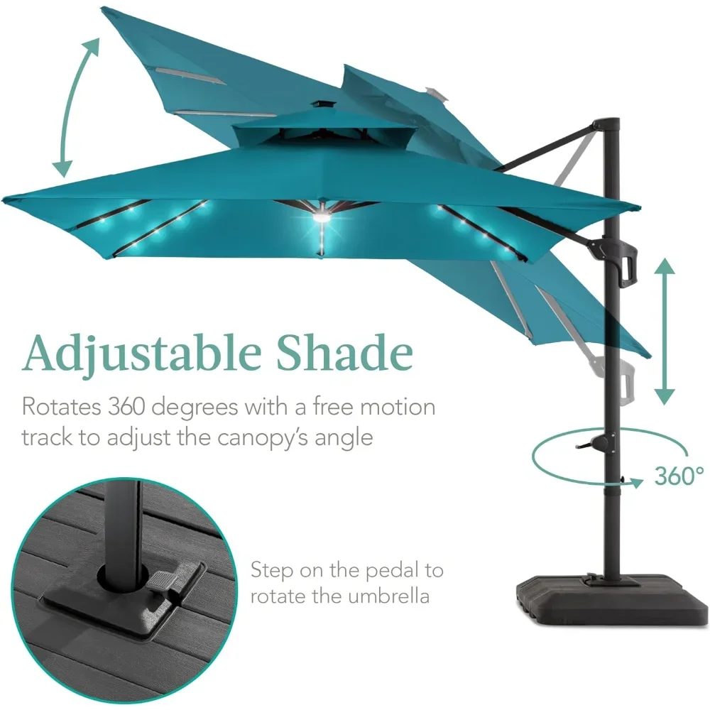 Guarda-chuva quadrado do pátio do cantilever com luzes LED solares, 2-Tier, offset pendurado ao ar livre Sun Shade para quintal, rotação 360, 10x10 pés