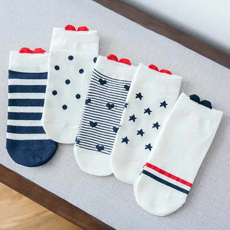 5 Pairs Lot Pack Women Socks Spring Summer Animal Unicorn Cat Fox Ear Cartoon Happy Funny Cute Lovely Cotton Ankle Socks Heart