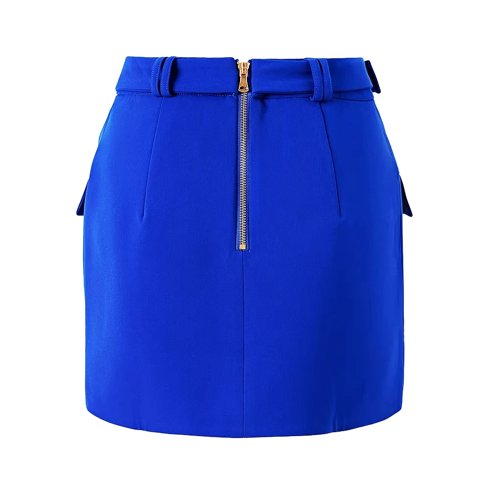 Royal Blue Women Belt Straight Mini Skirt New Summer Quality Fabric Lady Fashion Short Design