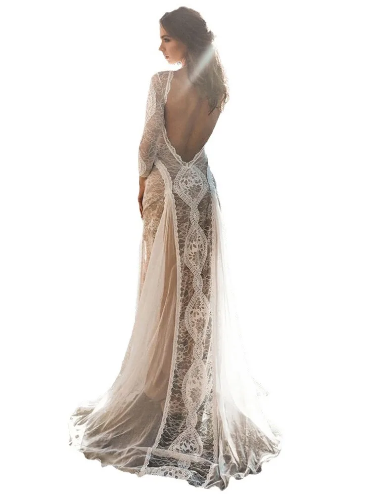 Ausländischen Stil Abendkleid Frau Sexy Spitze Patchwork Backless Brautkleider Damen Elegante Lange Ärmel Party Prom Vestidos