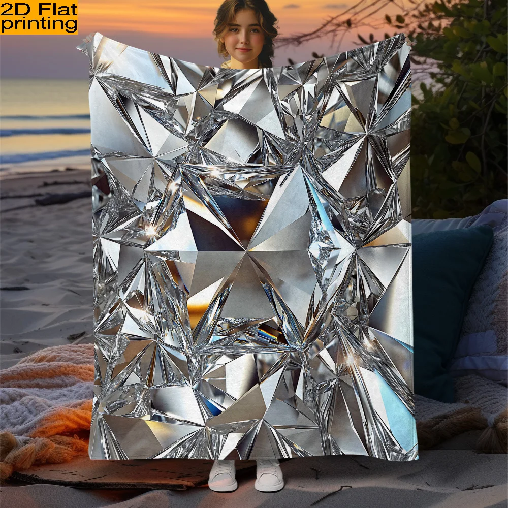 2D Flat Silvery Geometric Faceted Crystal Flannel Blanket - Large Size, Soft, Lightweight, and Warm, Suitable for All Seasons -