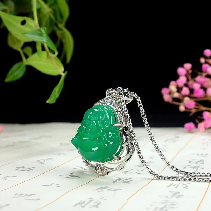 True Natural Ice Green New Women's Pendant Jade Medal Pendant Inlaid with Yang Green Buddha Gong Pendant Yang Green Agate Pendan