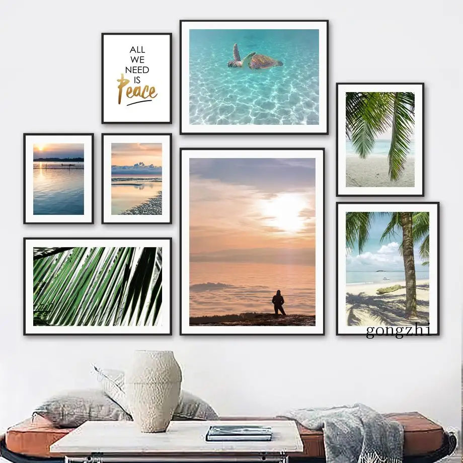 

Seaside Sunset Beach Palm Tree Leaves Turtle Quote Canvas Painting Nordic Landscape Wall Art Poster Modern for Living Room Decor