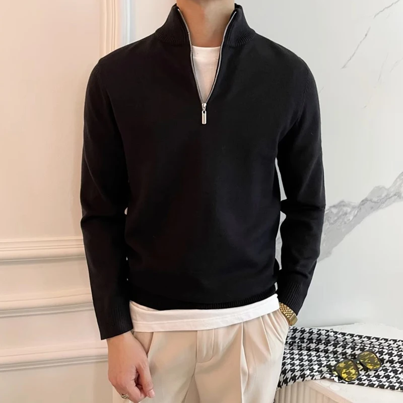 Fall Winter Casual Knit Sweater Mens Fashion Solid Color Stand Collar Zipper Knitted Jumper Top Men Vintage Long Sleeve Sweaters