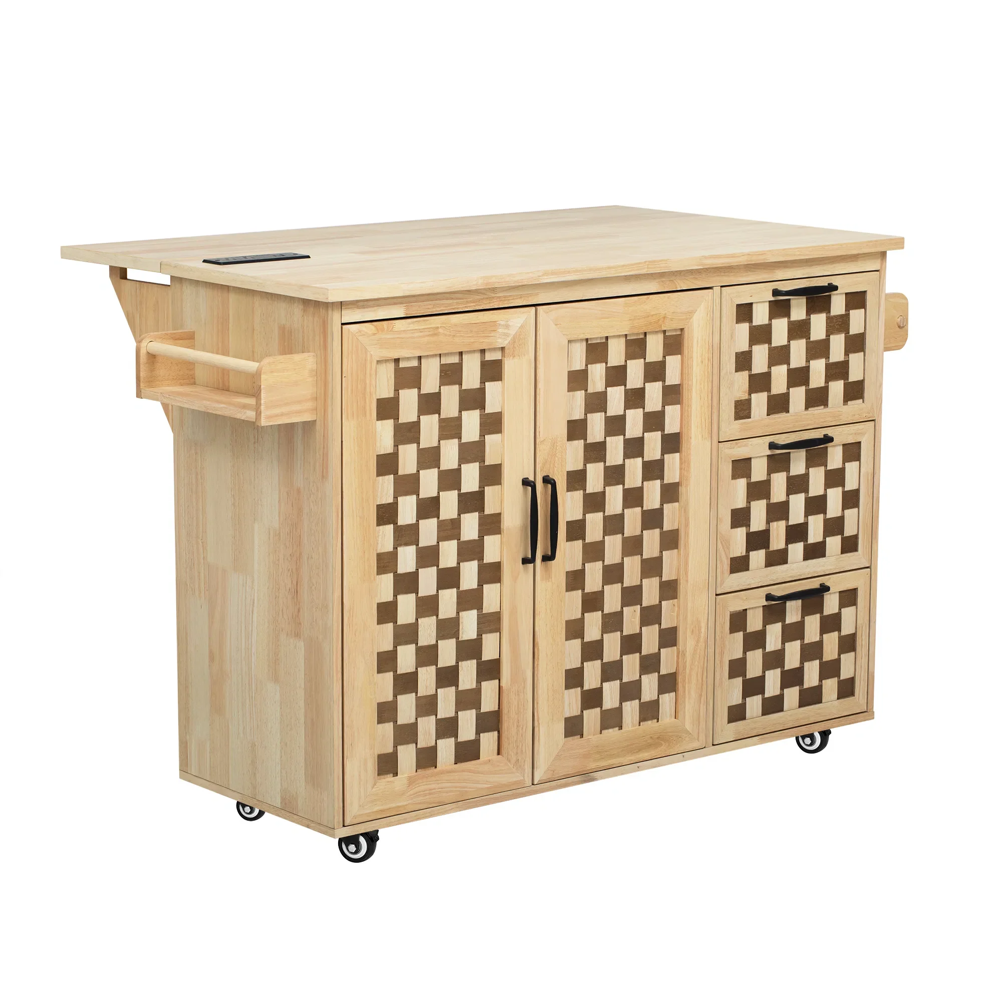 Premium Rolling Kitchen Island with Drop Leaf, Storage, Power Outlet, 3 Drawers & 2 Cabinets - Natural Wood Finish