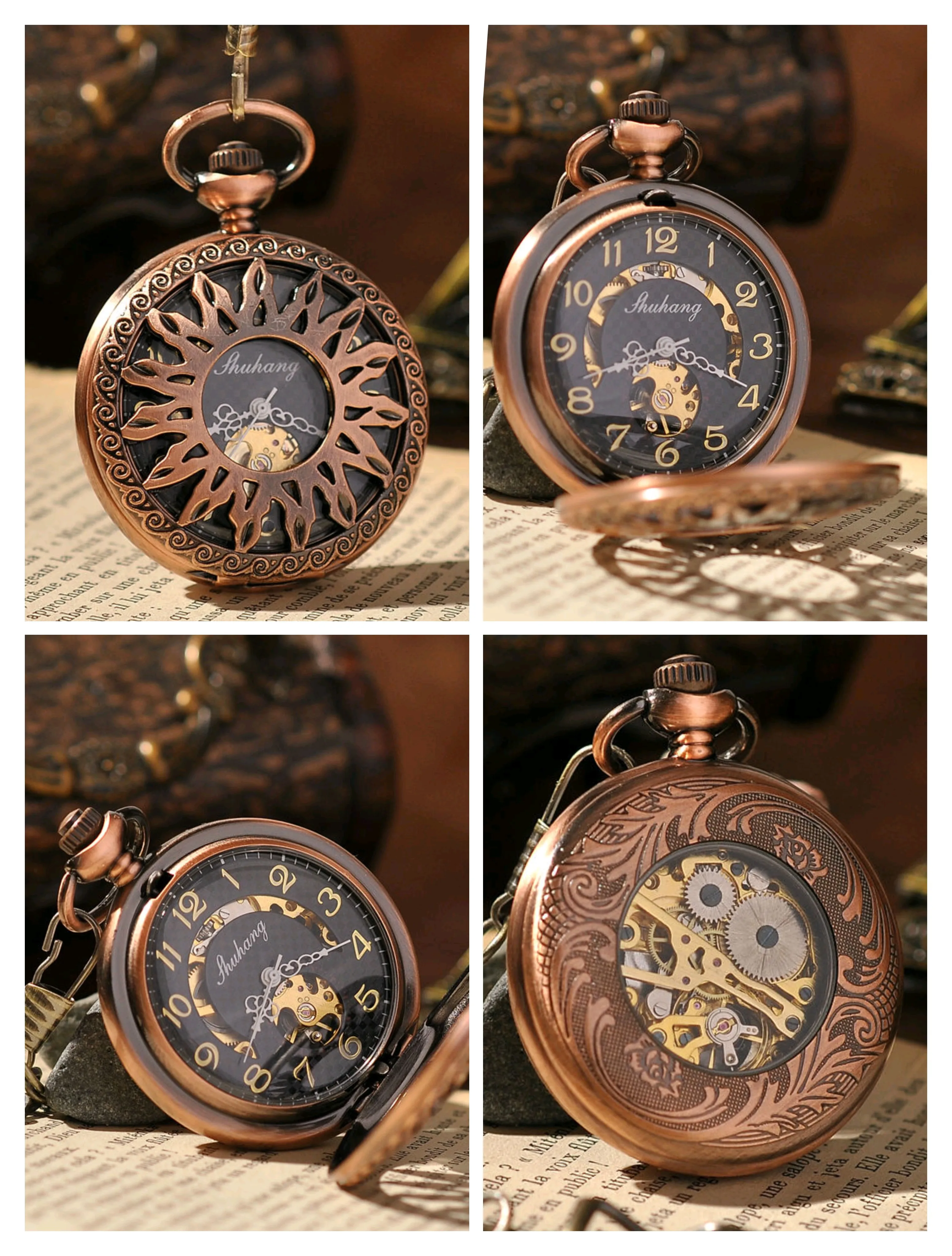 Cobre tom Steampunk esqueleto relógio de bolso para homens, caixa oca, mostrador preto, número árabe, mão vento movimento mecânico, corrente Fob