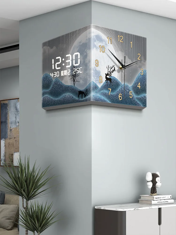 

Creative wall clock living room new advanced sense, corner double-sided clock remote control led wall light digital display