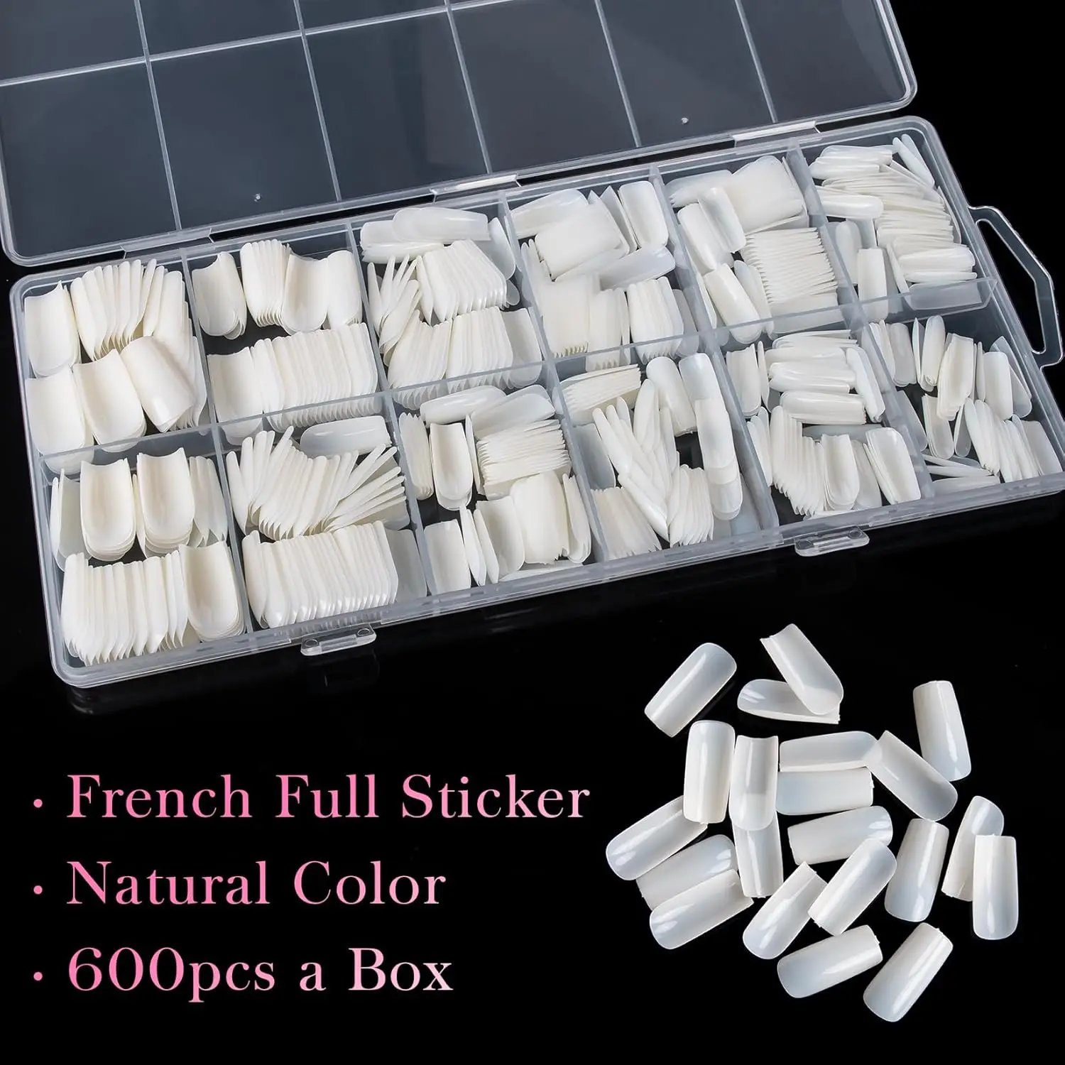 600Pcs Square Nail Tips False Acrylic Fingernails Fake Full Cover French Artificial Nails 12 Sizes With Box For Salon & Home DIY