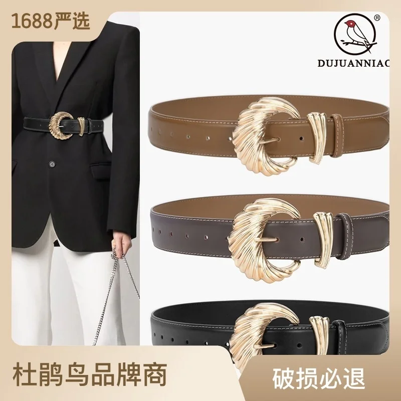 

100% genuine real leather Stylish and minimalist needle buckle cowhide wide belt for women paired with autumn winter windbreaker
