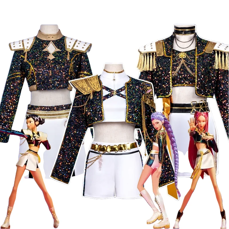 

Rumi Zoey Mira Cosplay KPop Demon Cosplay Hunters Costume Women Black Golden Suit Halloween Party Role Playing Outfit