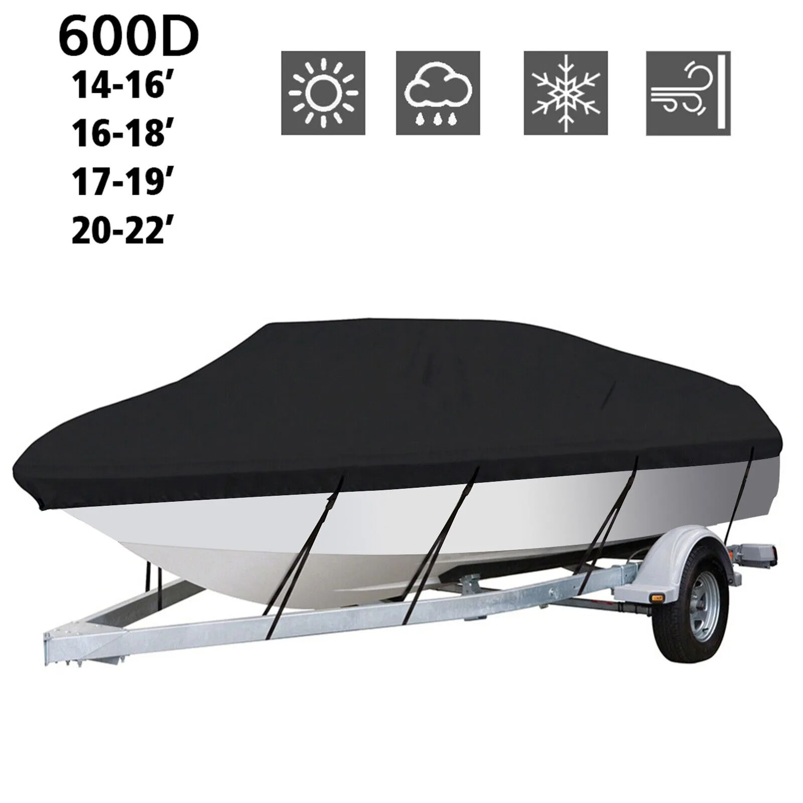 US Heavy Duty 600D Marine Grade Waterproof Boat Cover Fit V-Hull Tri-Hull Runabout