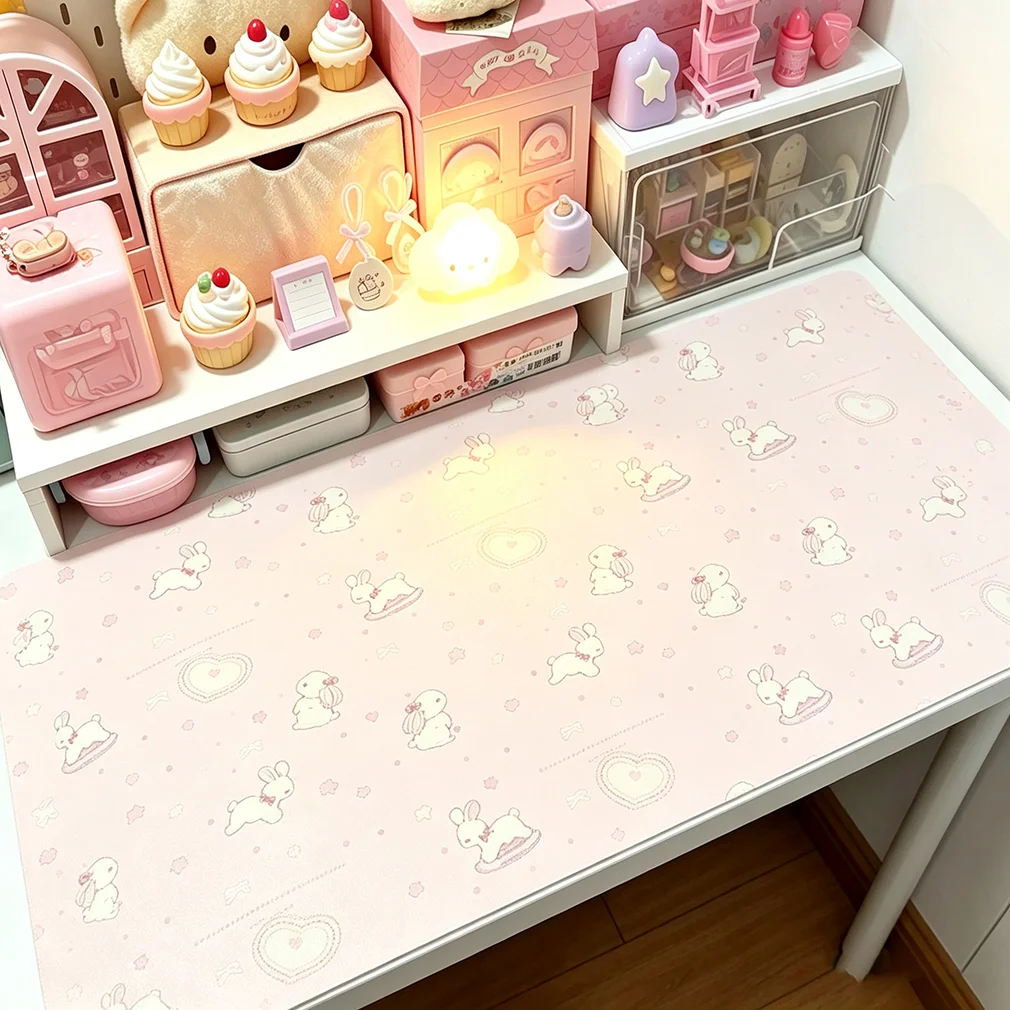 Full Screen Running Bunny Pink Love Rabbit ins PU Leather Desk Pad Protector Y2K Mouse Pad Office Desk Mat Desk Blotter Pad