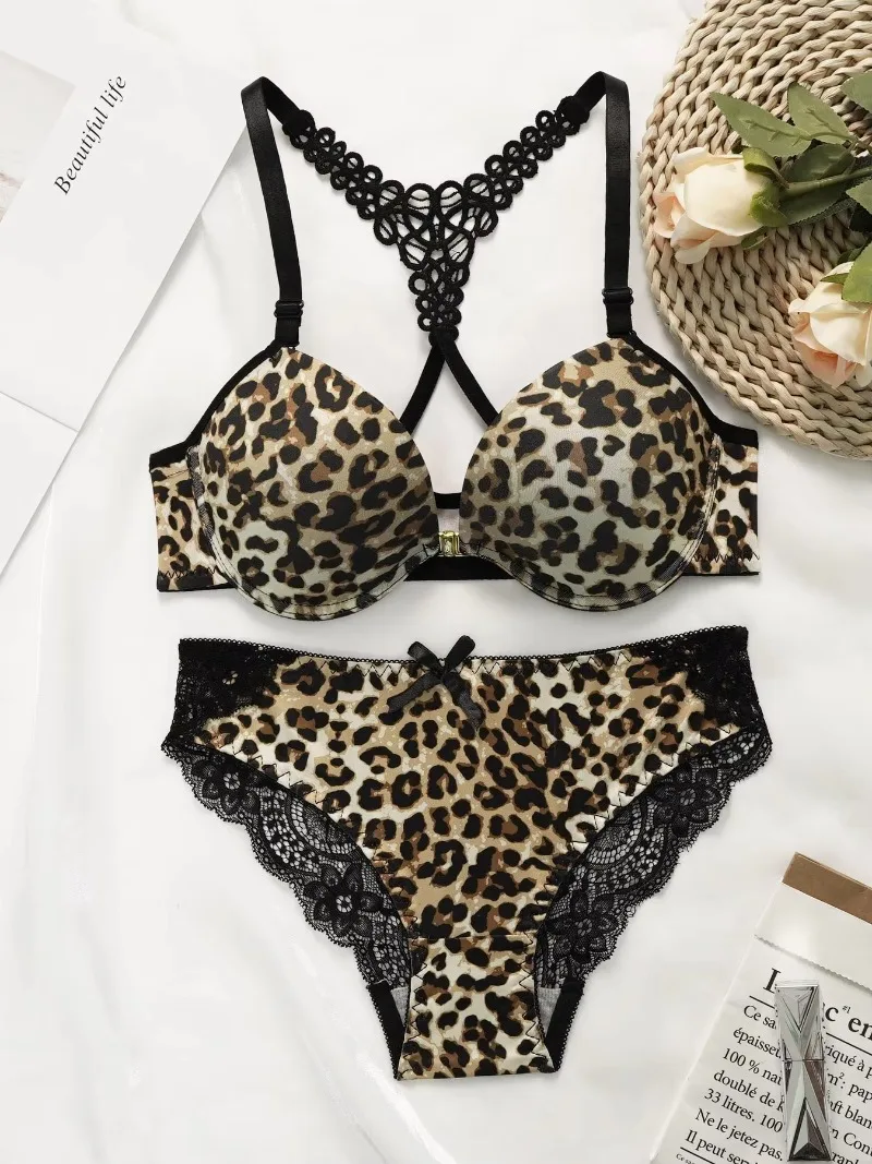 Women Leopard Print Lace Triangle Cup Two Piece Intimates Set Front Button Back Design Soft Comfort Breathable Daily Underwear Kit A3159