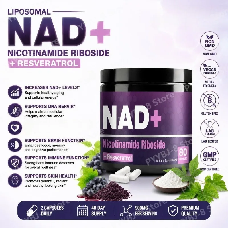 NAD+ Capsules with Nicotinamide Riboside and Resveratrol, Supports NAD+ Levels and DNA Repair, 80 Capsules