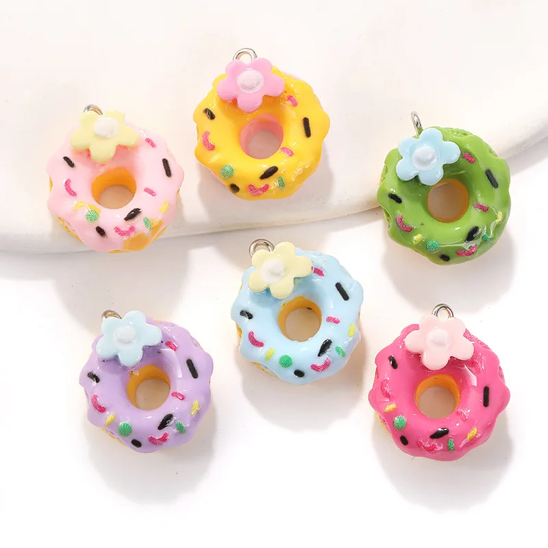 6Pcs Colorful Flower Cake Donut Charms Cartoon Bag Pendants DIY Keychain Accessories