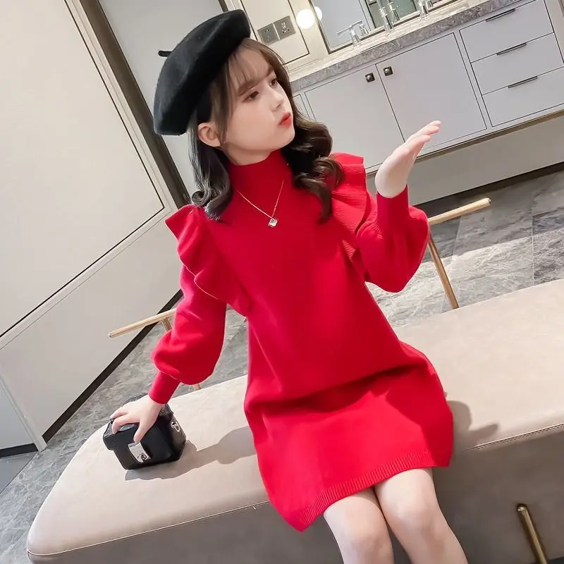 2026 Autumn Winter Girls Knit Dress Korean Style Kids Sweater Dress Children Outerwear Toddler Pullover Sweater
