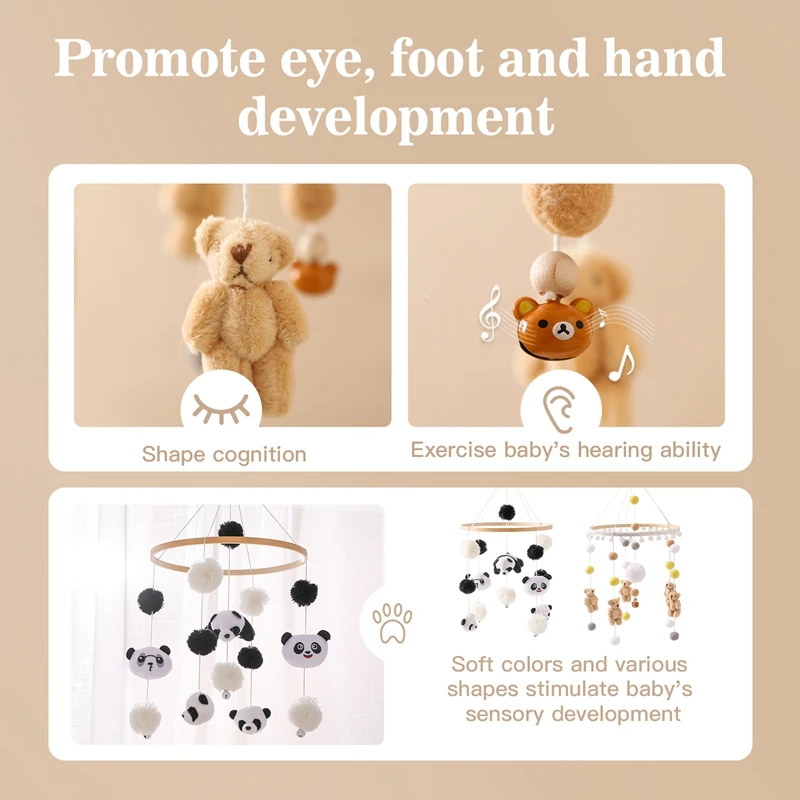 Sonajero de juguete para bebé de 0 a 12 meses, móvil de madera, Panda, oso marrón, caja de música para recién nacido, campana para cama, juguetes colgantes, soporte para brazo ﻿ Regalos para niños