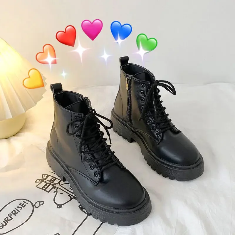 Plus Size 42 43 Women Motorcycle Ankle Boots Wedges Female Lace Up Platforms Black Leather Oxford Shoes Woman 2022 Botas Mujer