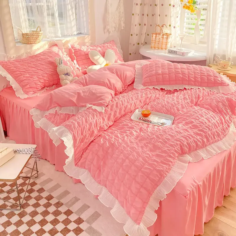 

Korean-style seersucker bed skirt four-piece princess style girly heart quilt cover washed cotton three-piece set