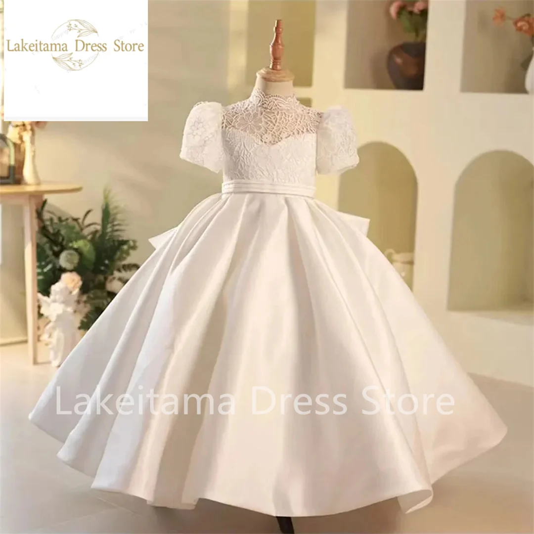 

Elegant White Flower Girl Dress Satin Dubai Kids Princess Birthday Wedding Party First Communion Formal Gown