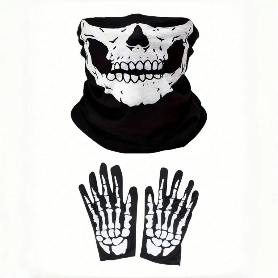 New Halloween Cosplay Costume Set Scary Skull Mask With Movable Jaw Skeleton Ghost Gloves For Party Dress‑up image 3