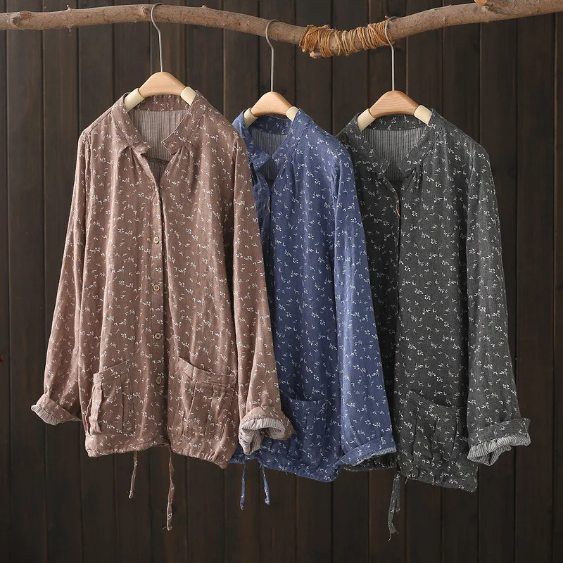 

Женская одежда среднего возраста 2021, рубашки из хлопковой пряжи с принтом, воротник-стойка, блузки с длинными рукавами для женщин, осенние топы