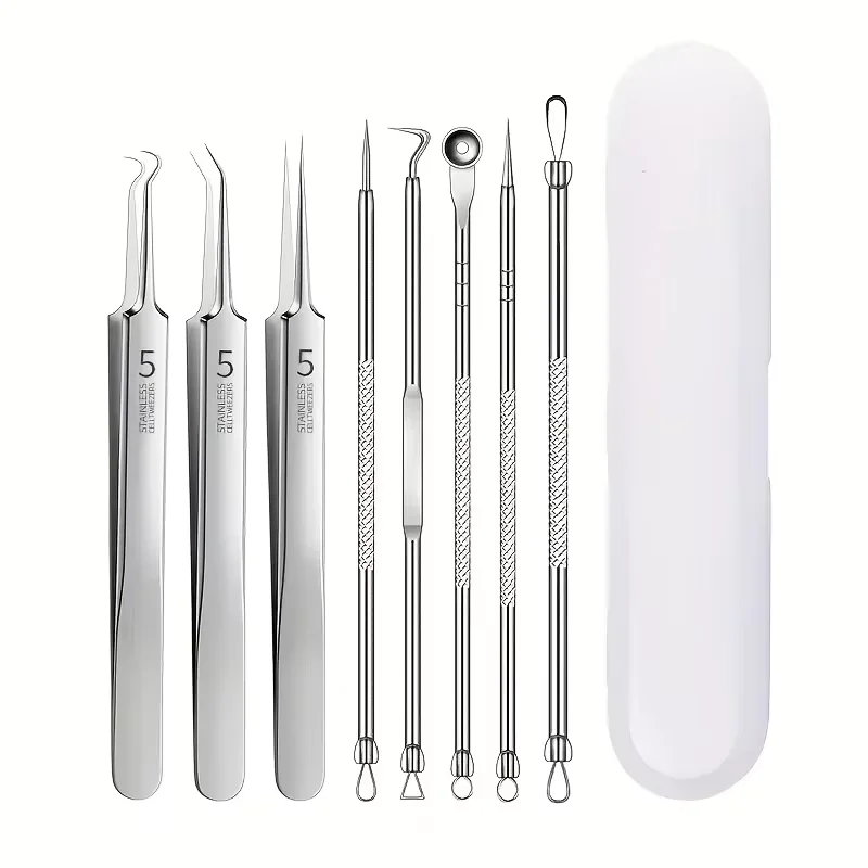 8 Pcs Blackhead Remover Kit – Stainless Steel Blemish & Acne Extraction Tools – Professional Pimple Popper Set for All Skin