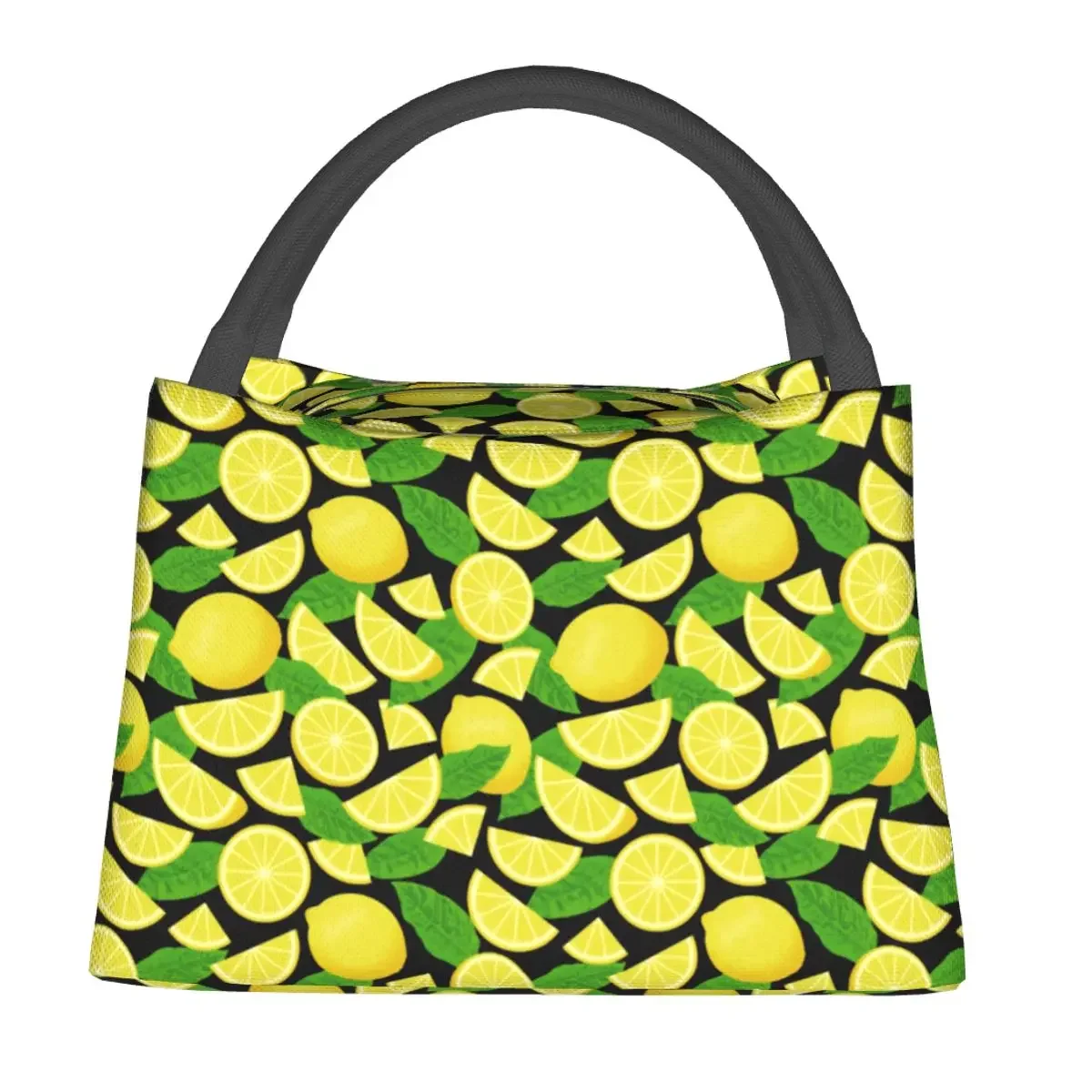 Yellow Lemon Print Lunch Bag Green Leaf Leisure Lunch Box Outdoor Picnic Cooler Bag Waterproof Graphic Design Tote Food Bags