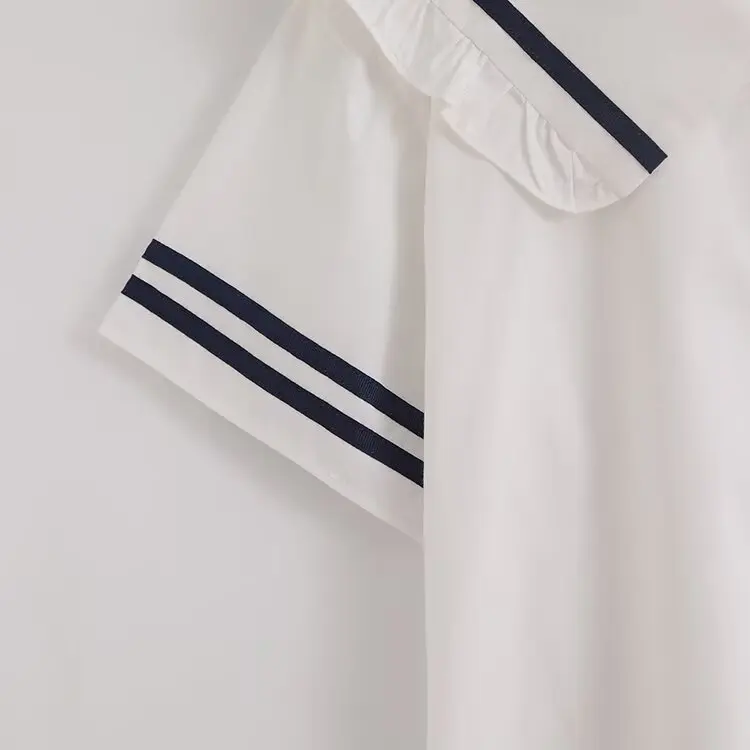 جديد 2025 قميص قطني بأكمام قصيرة للخريف ، زر مرقع بياقة بحار للسيدات ، بلوزة فضفاضة على طراز موري جيرل على طراز بريبي T570108CC