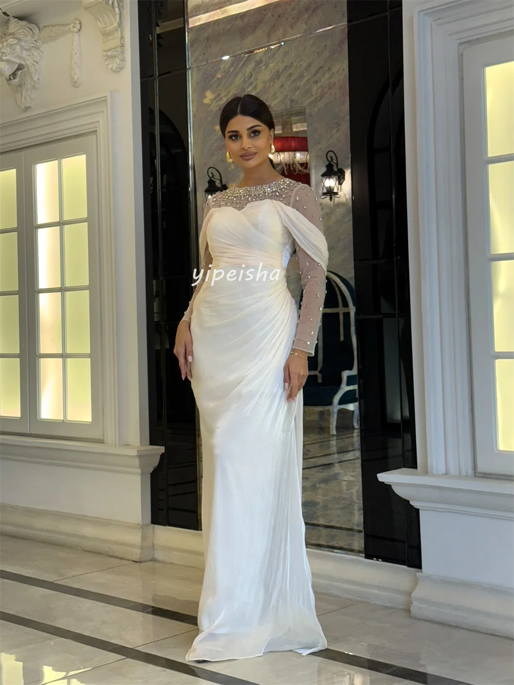 Customized Intricate Matching Chiffon Pleat Draped Rhinestone Straight Scoop Neck Long Dresses Bespoke Occasion Dresses Formal